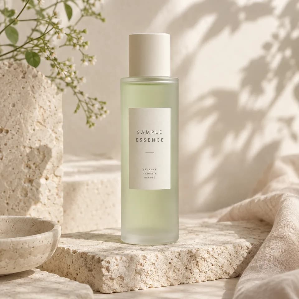 Illustrative skincare bottle in a softly lit setting