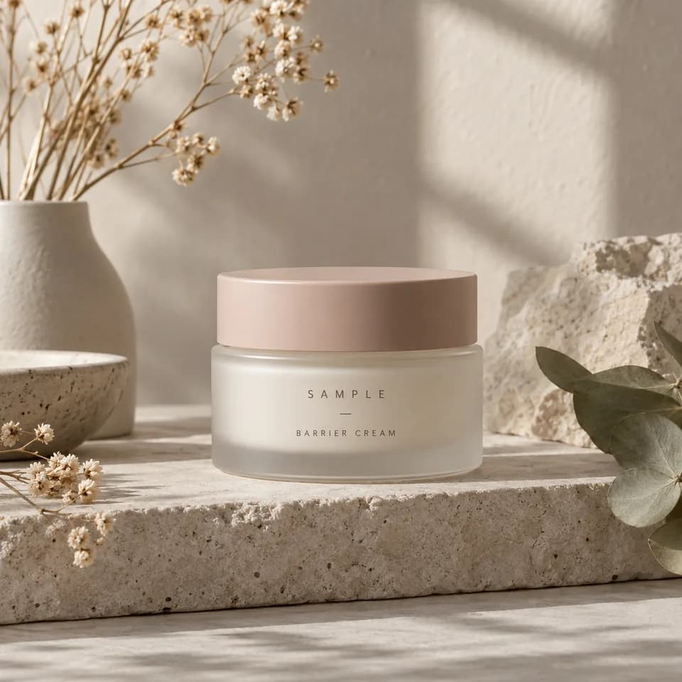 Illustrative cream jar on a warm neutral background
